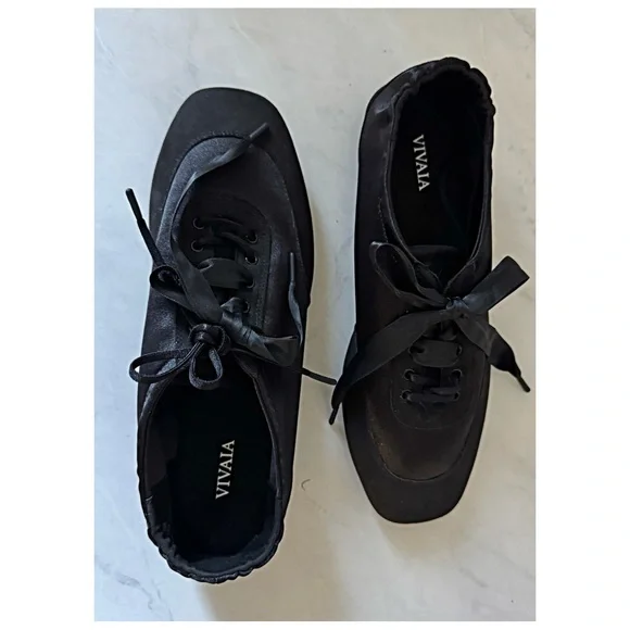 Vivaia Square-Toe Lace-Up Satin Sneakerina (Cristina) in black - Picture 7 of 13